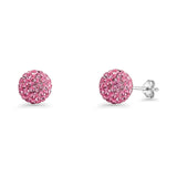 Minimalist 10mm Full Ball Stud Earrings Pink Crystal 925 Sterling Silver
