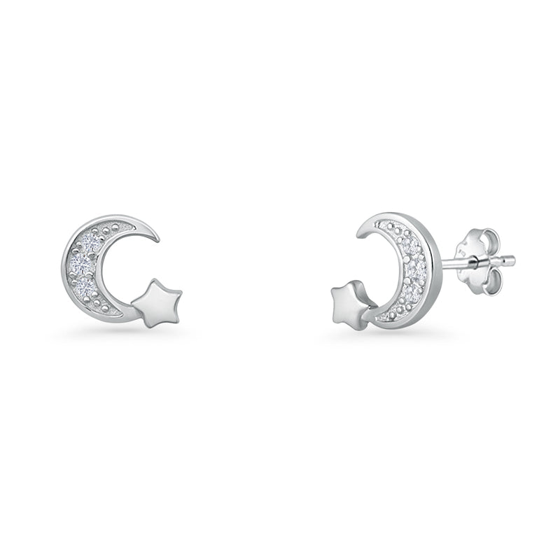 Crescent Moon & Star Stud Earrings