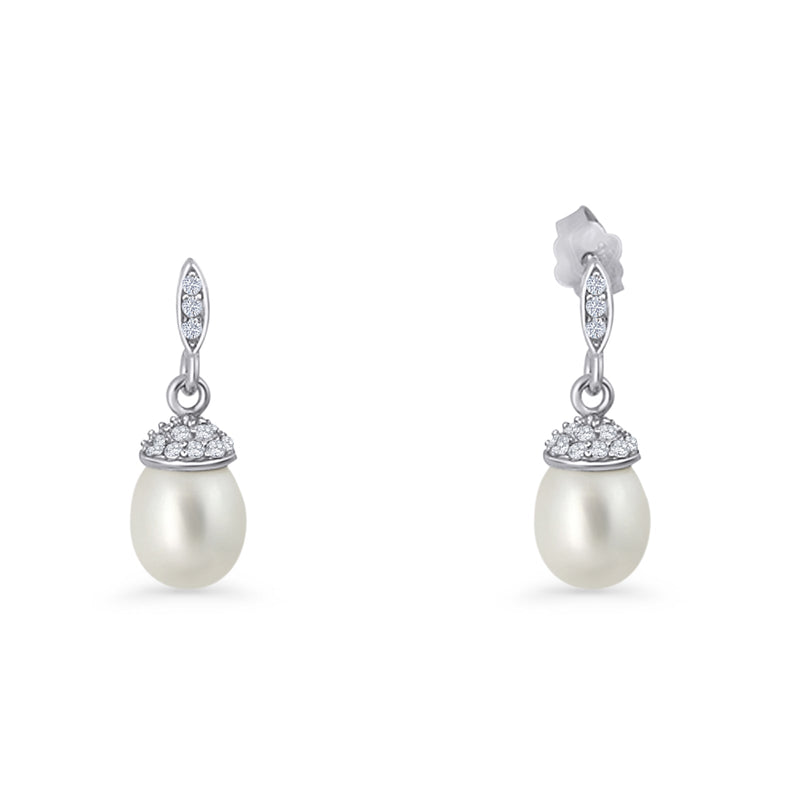 Oval Pearl Charm CZ Stud Earrings