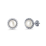 Pearl Stud Earrings 8.7mm Halo Cubic Zirconia 925 Sterling Silver