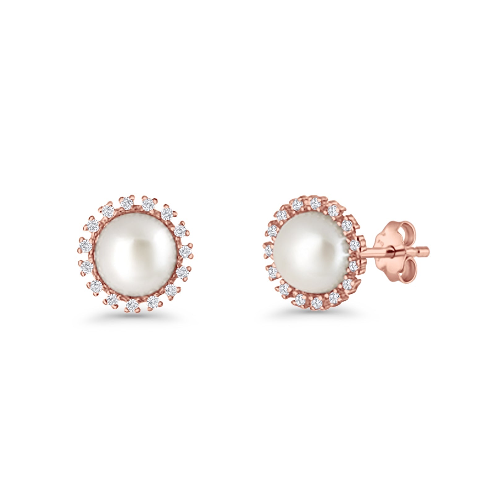 Pearl Stud Earrings 8.7mm Halo Cubic Zirconia 925 Sterling Silver