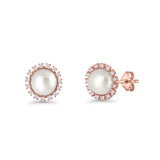 Pearl Stud Earrings 8.7mm Halo Cubic Zirconia 925 Sterling Silver