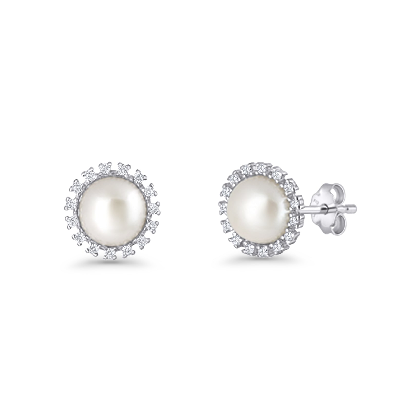 Pearl Stud Earrings 8.7mm Halo Cubic Zirconia 925 Sterling Silver