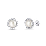 Pearl Stud Earrings 8.7mm Halo Cubic Zirconia 925 Sterling Silver