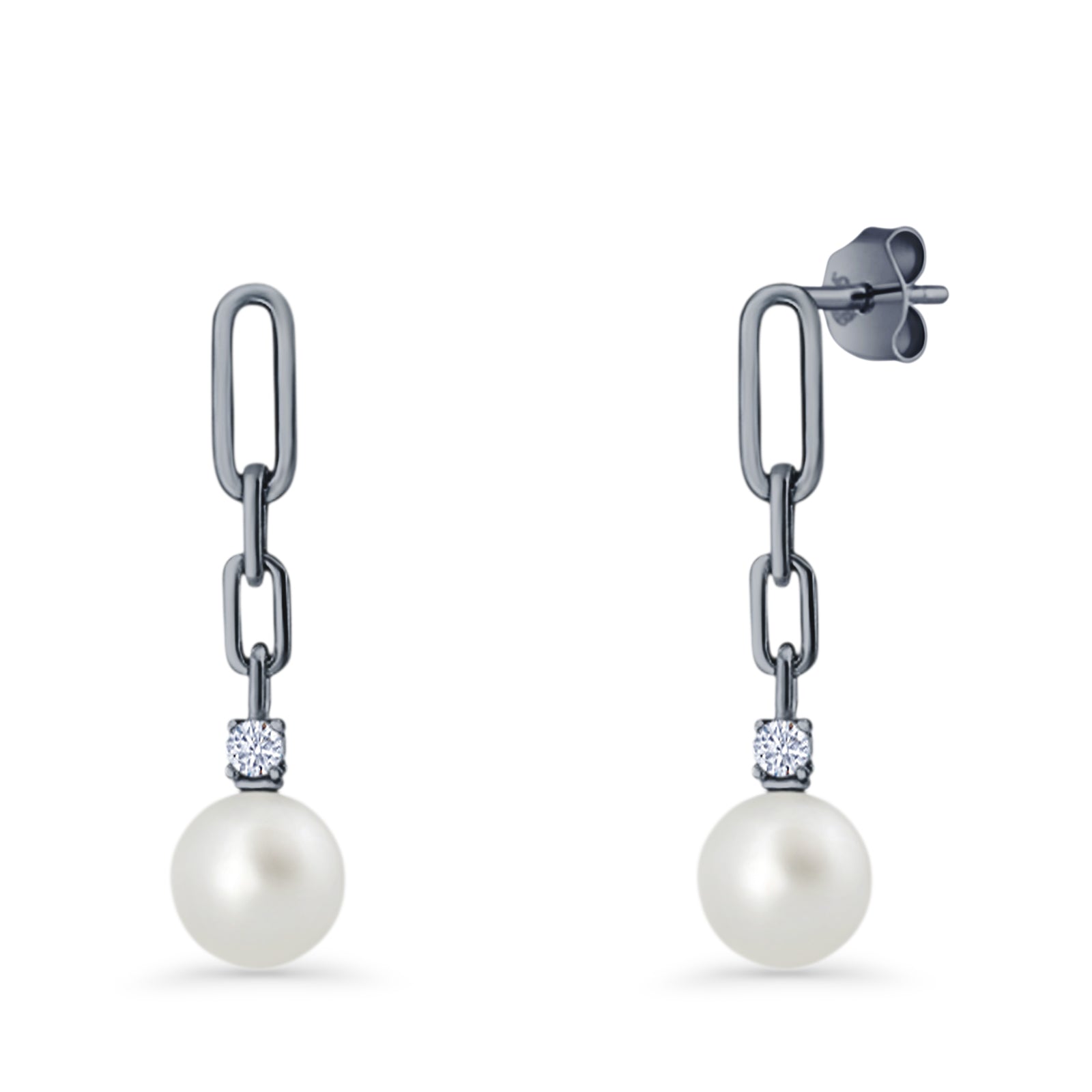 Round Cubic Zirconia & Pearl Paperclip Stud Earrings 925 Sterling Silver