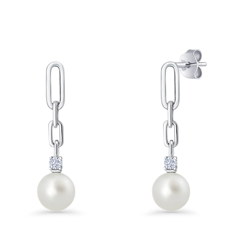 Round Cubic Zirconia & Pearl Paperclip Stud Earrings 925 Sterling Silver