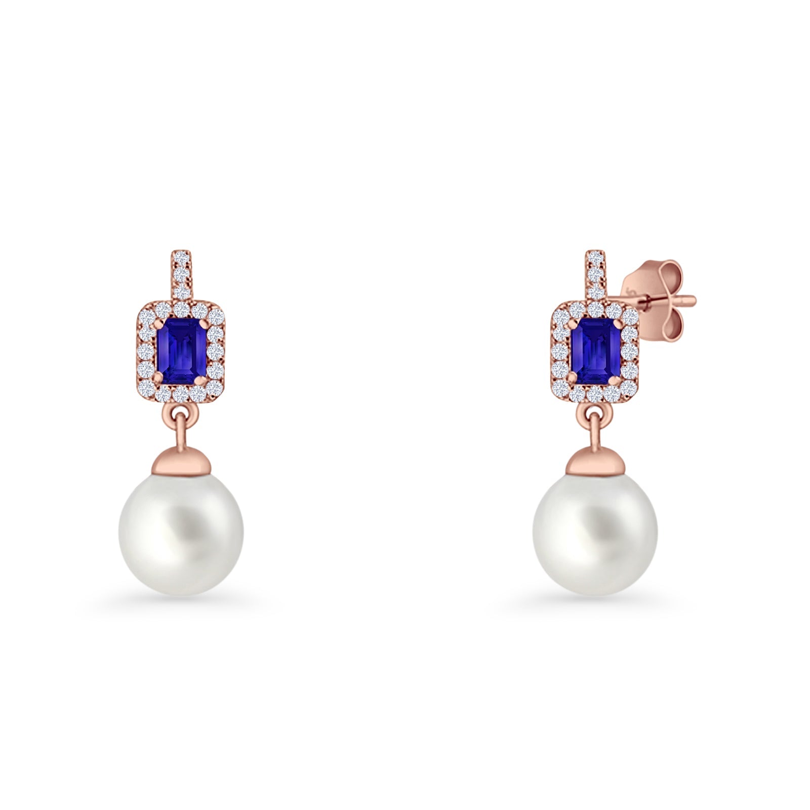 Emerald Cut Blue Cubic Zirconia & Pearl Charm Stud Earrings 925 Sterling Silver