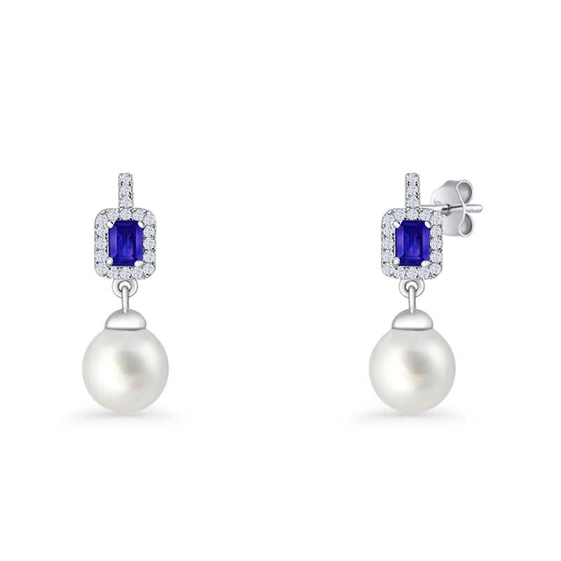 Emerald Cut Blue Cubic Zirconia & Pearl Charm Stud Earrings 925 Sterling Silver