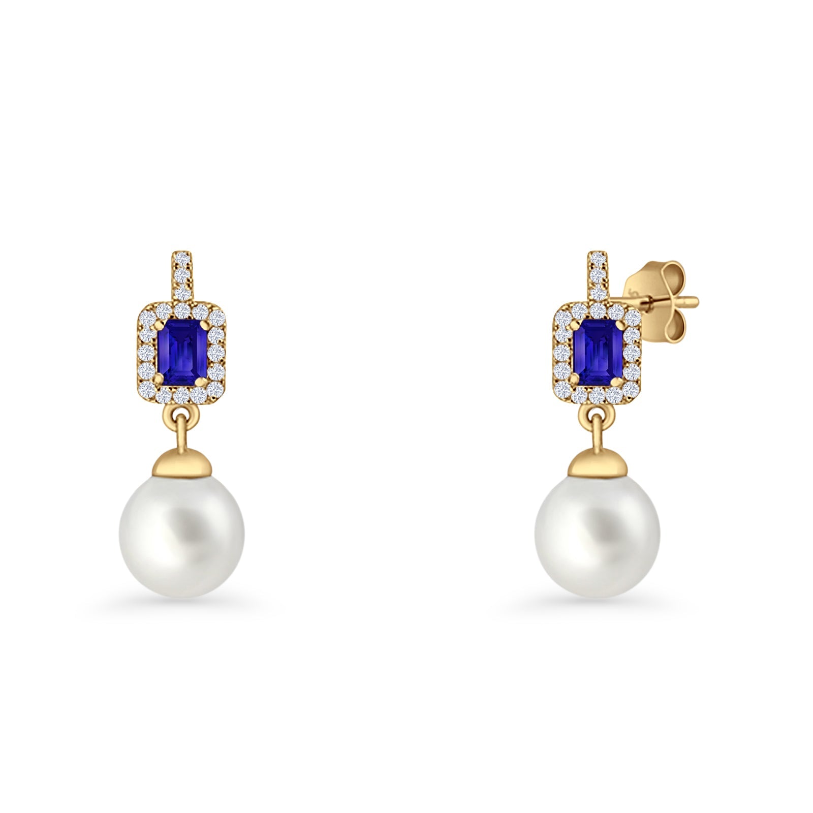 Emerald Cut Blue Cubic Zirconia & Pearl Charm Stud Earrings 925 Sterling Silver
