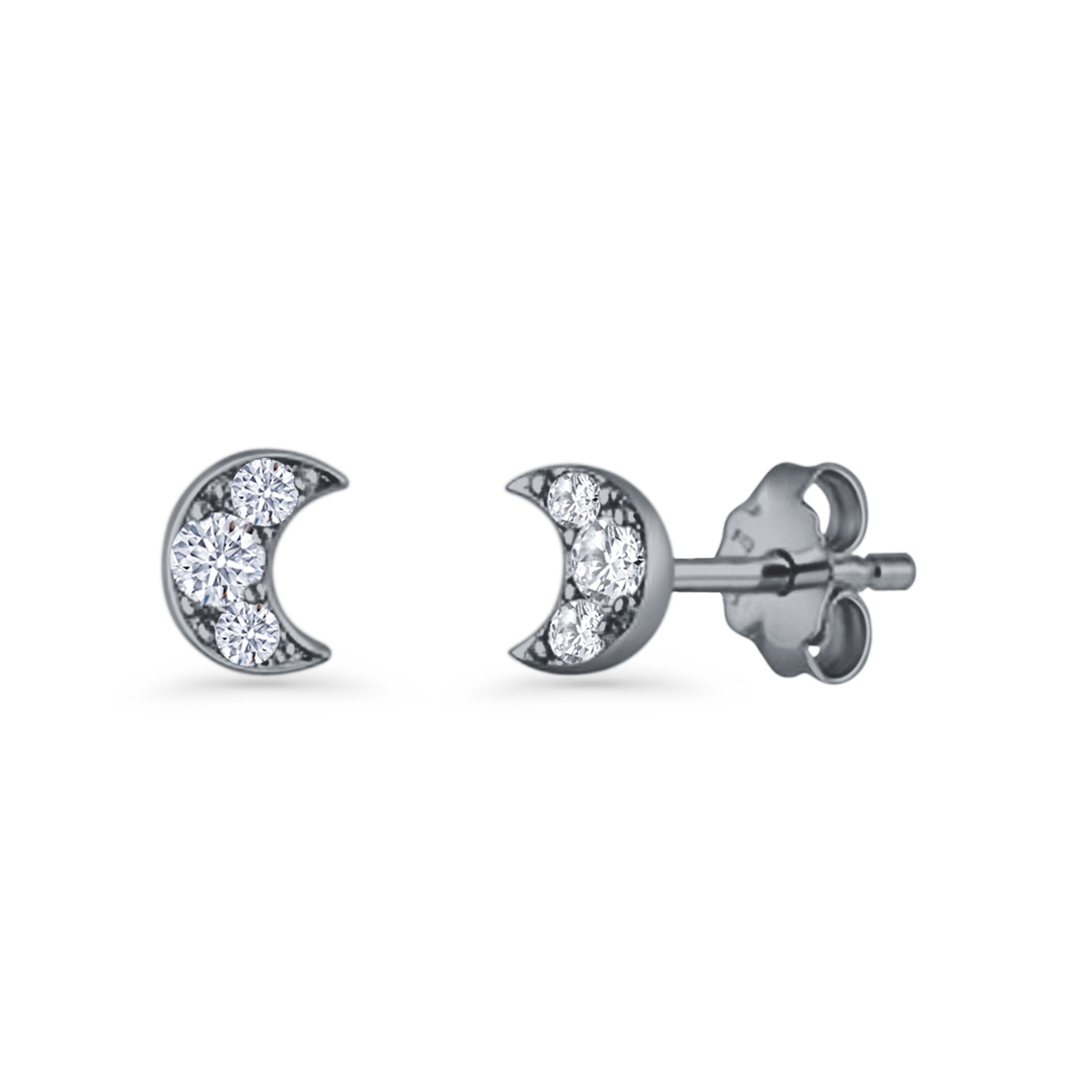Crescent Moon Stud Earring 5mm Round Cubic Zirconia 925 Sterling Silver