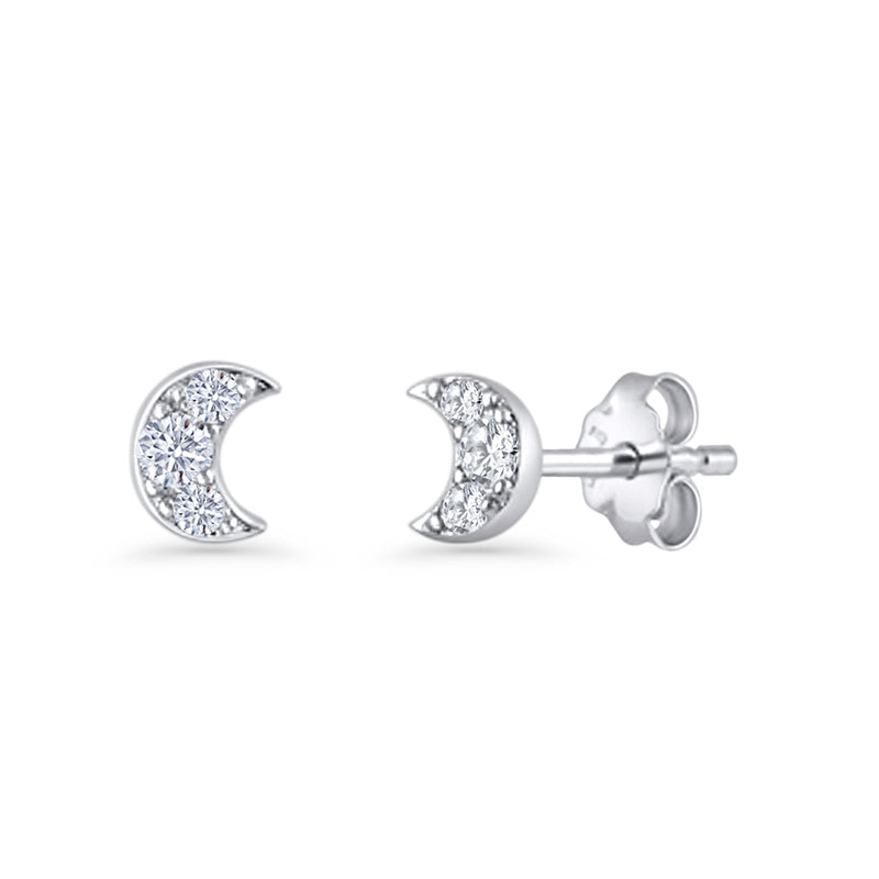 Crescent Moon Stud Earring 5mm Round Cubic Zirconia 925 Sterling Silver