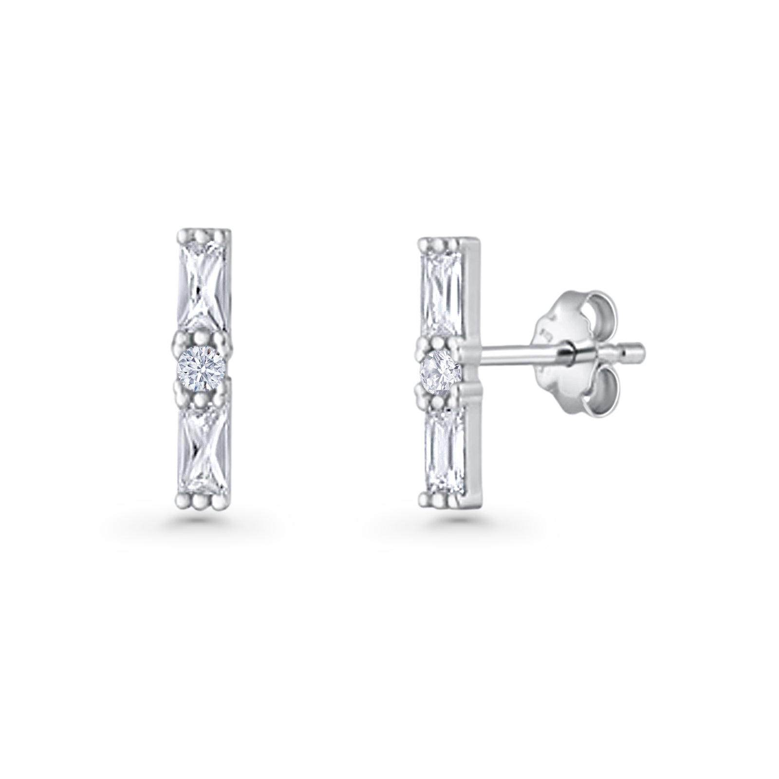 Line Bar Stud Earrings 12.4mm Baguette & Round Cubic Zirconia 925 Sterling Silver