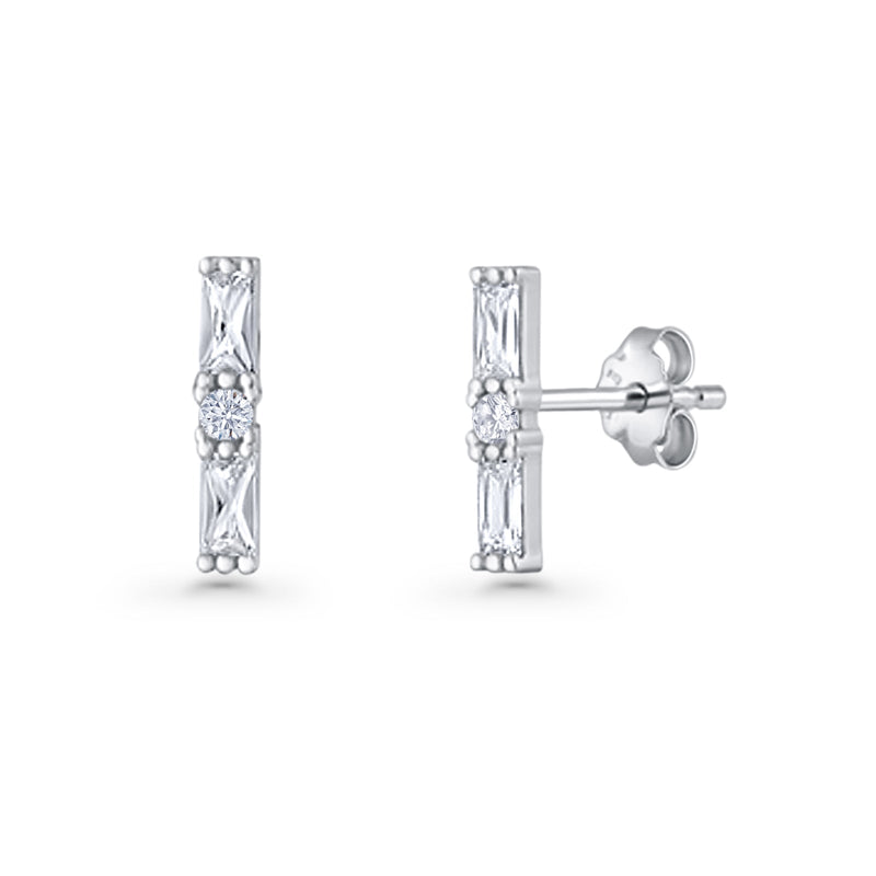 Line Bar Stud Earrings 12.4mm Baguette & Round Cubic Zirconia 925 Sterling Silver