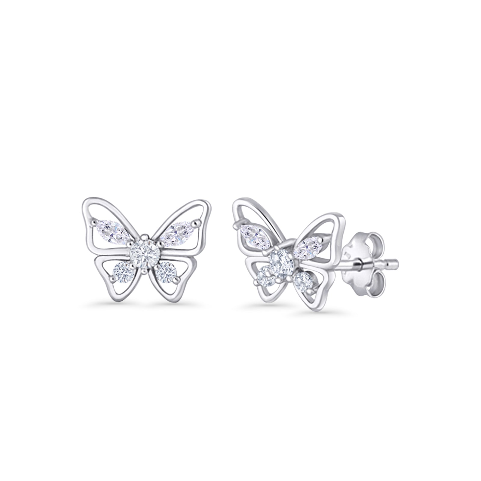 Minimalist 10.7mm Butterfly Stud Earrings Cubic Zirconia 925 Sterling Silver