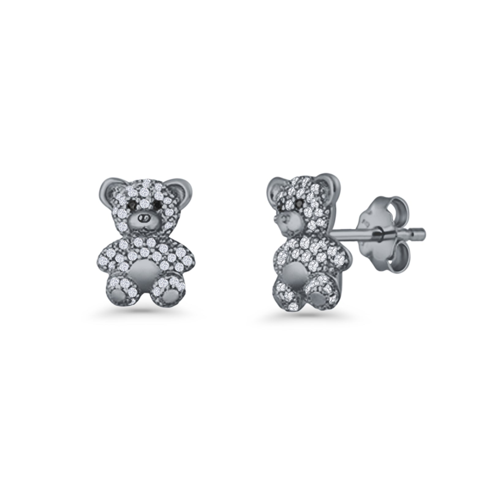 Teddy Bear Stud Earrings 11mm Cubic Zirconia 925 Sterling Silver