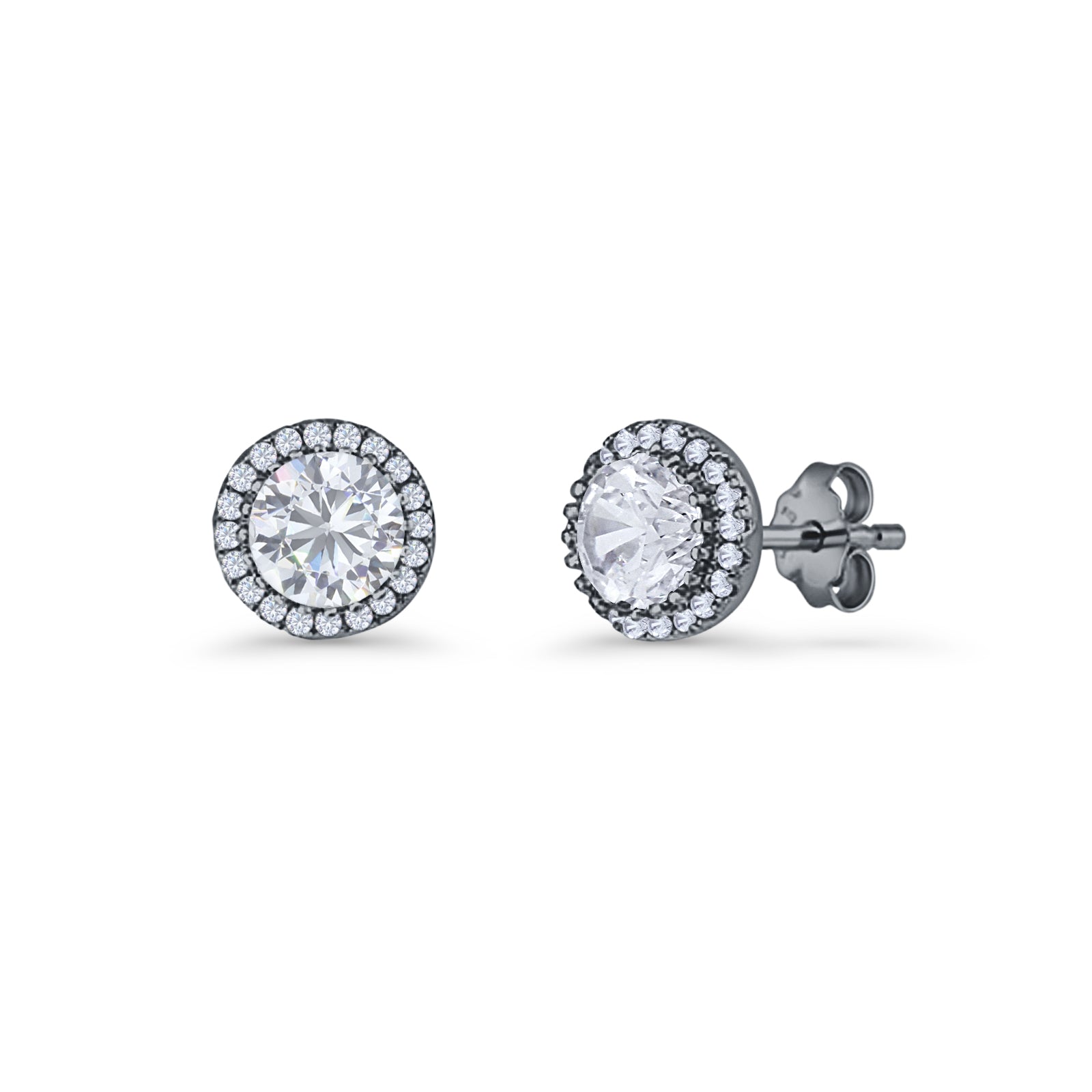 Round Stud Earrings 8.5mm Halo Cubic Zirconia 925 Sterling Silver