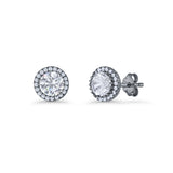 Round Stud Earrings 8.5mm Halo Cubic Zirconia 925 Sterling Silver