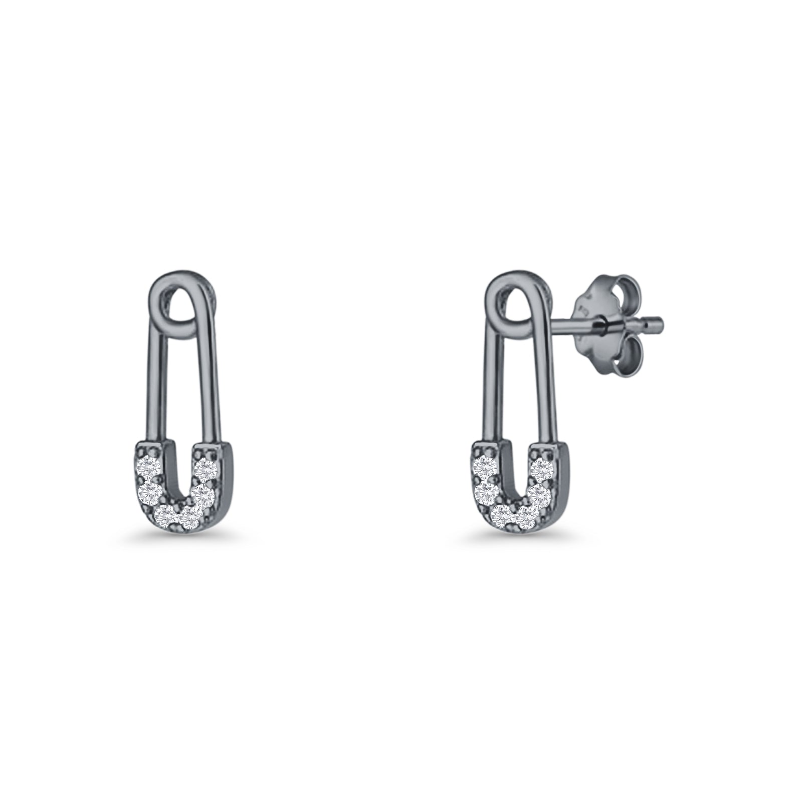 Minimalist 16mm Safety Pin Stud Earrings Round Cubic Zirconia 925 Sterling Silve