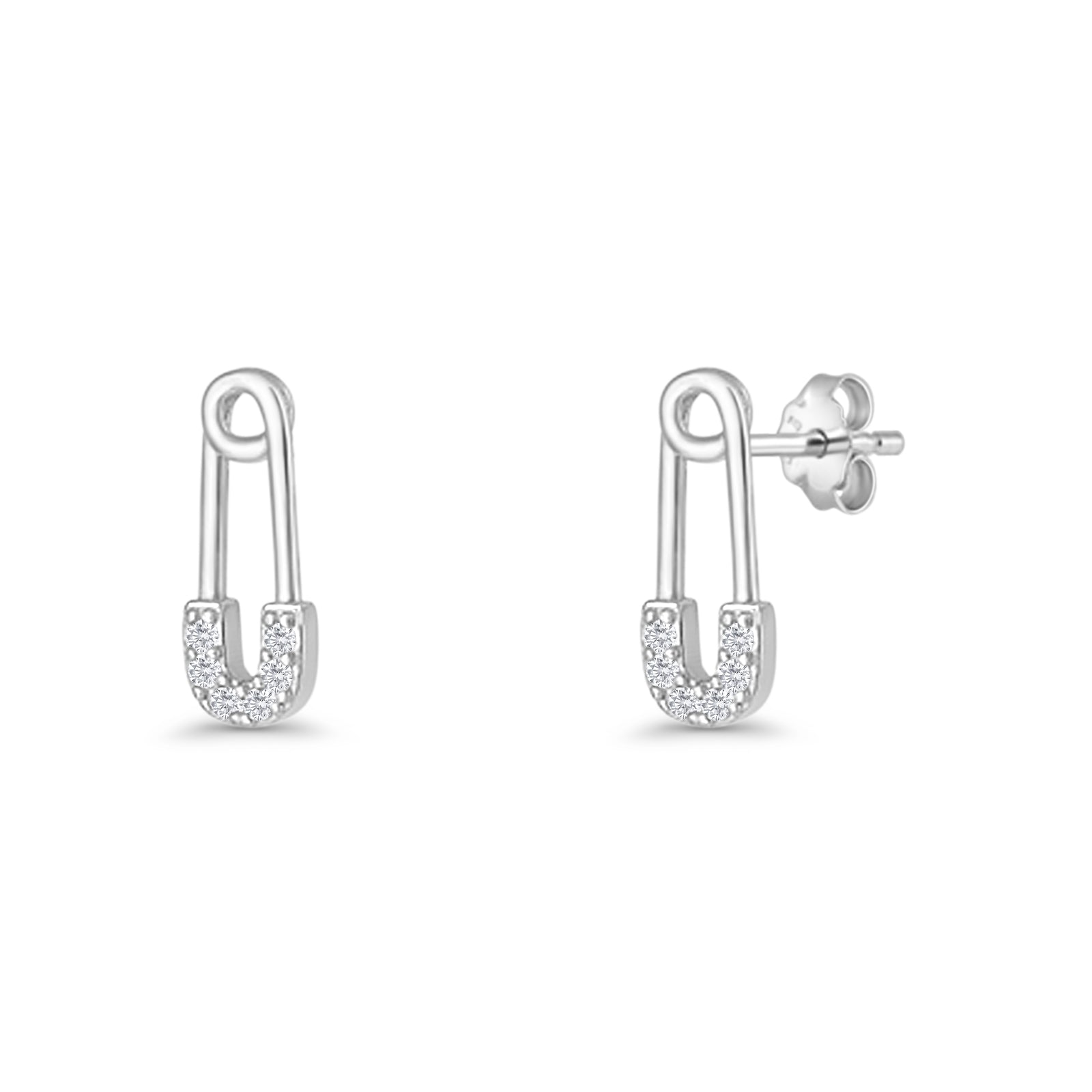 Minimalist 16mm Safety Pin Stud Earrings Round Cubic Zirconia 925 Sterling Silve
