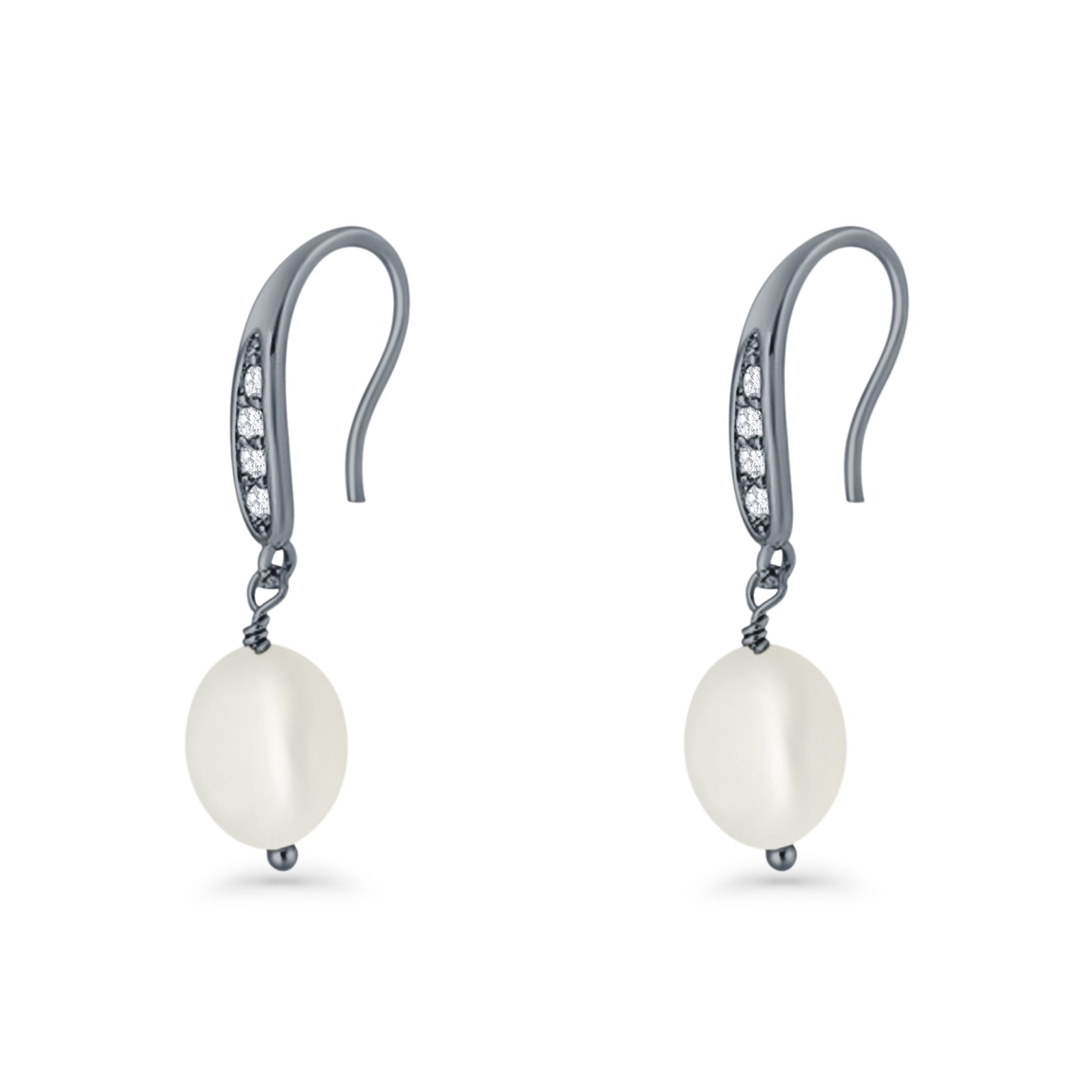 Drop Dangle 32mm Oval Pearl Fishhook Earring Cubic Zirconia 925 Sterling Silver