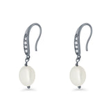 Drop Dangle 32mm Oval Pearl Fishhook Earring Cubic Zirconia 925 Sterling Silver