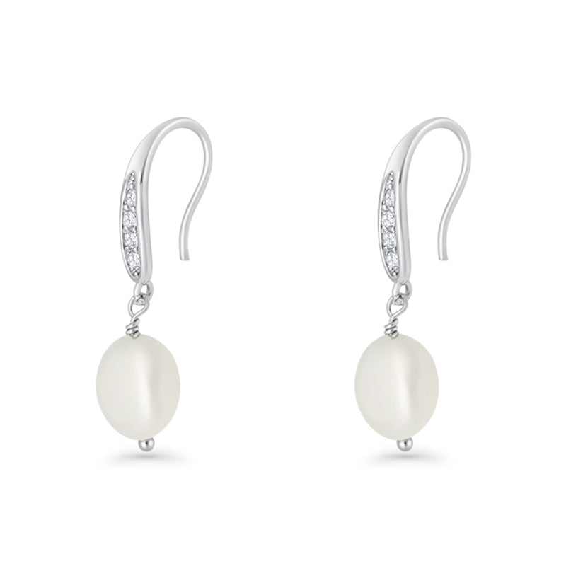 Drop Dangle 32mm Oval Pearl Fishhook Earring Cubic Zirconia 925 Sterling Silver
