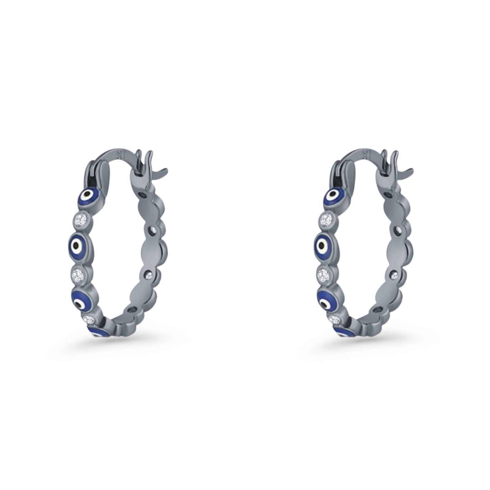 Evil Eye Hoop Earring 15mm Round Cubic Zirconia 925 Sterling Silver