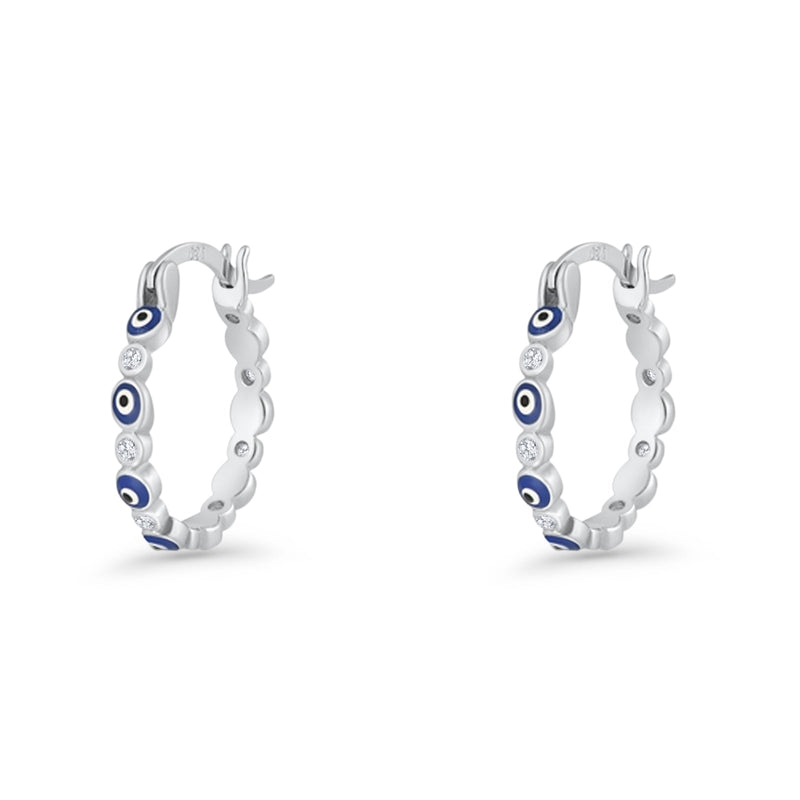 Evil Eye Hoop Earring 15mm Round Cubic Zirconia 925 Sterling Silver