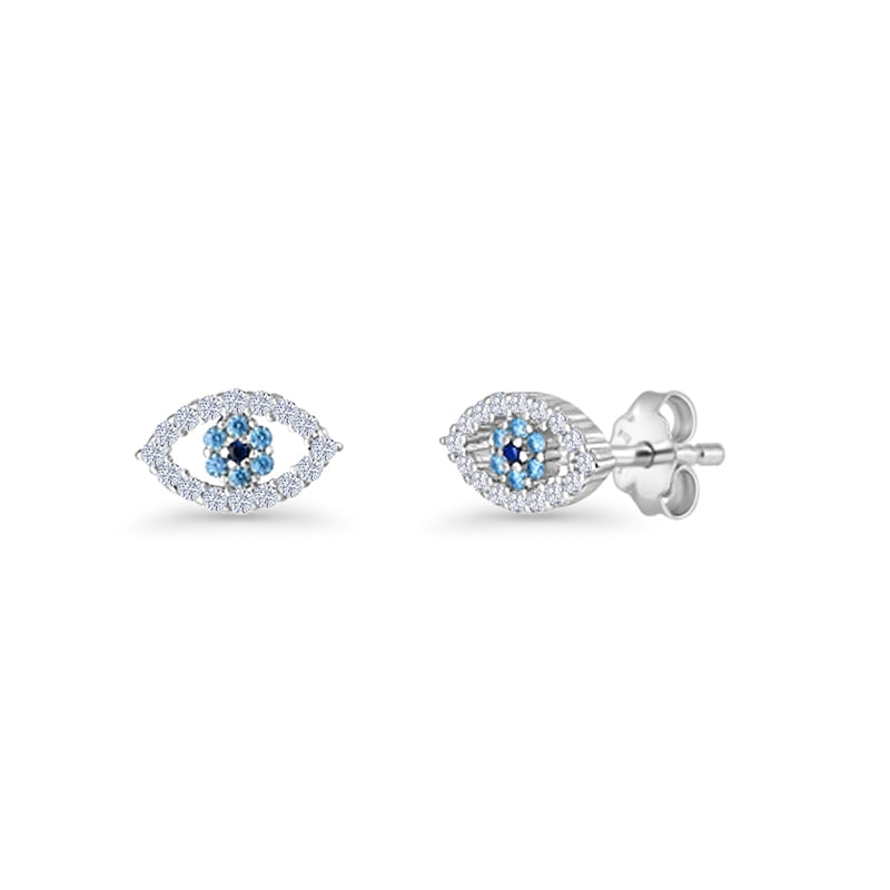Evil Eye Earrings 6.2mm Floral Blue & Clear Cubic Zirconia 925 Sterling Silver