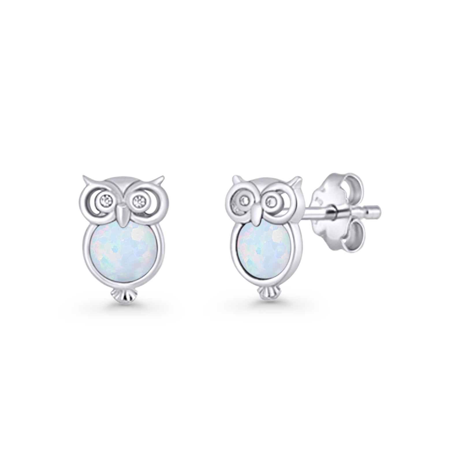 Round 9.7mm Lab Created Opal Owl Stud Earring 925 Sterling Silver