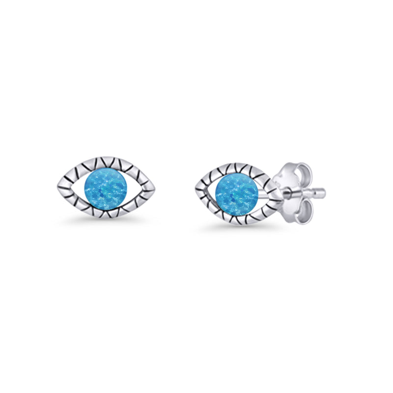 Eyelashes Eye Stud Earring 4.8mm Lab Created Opal Oxidized 925 Sterling Silver
