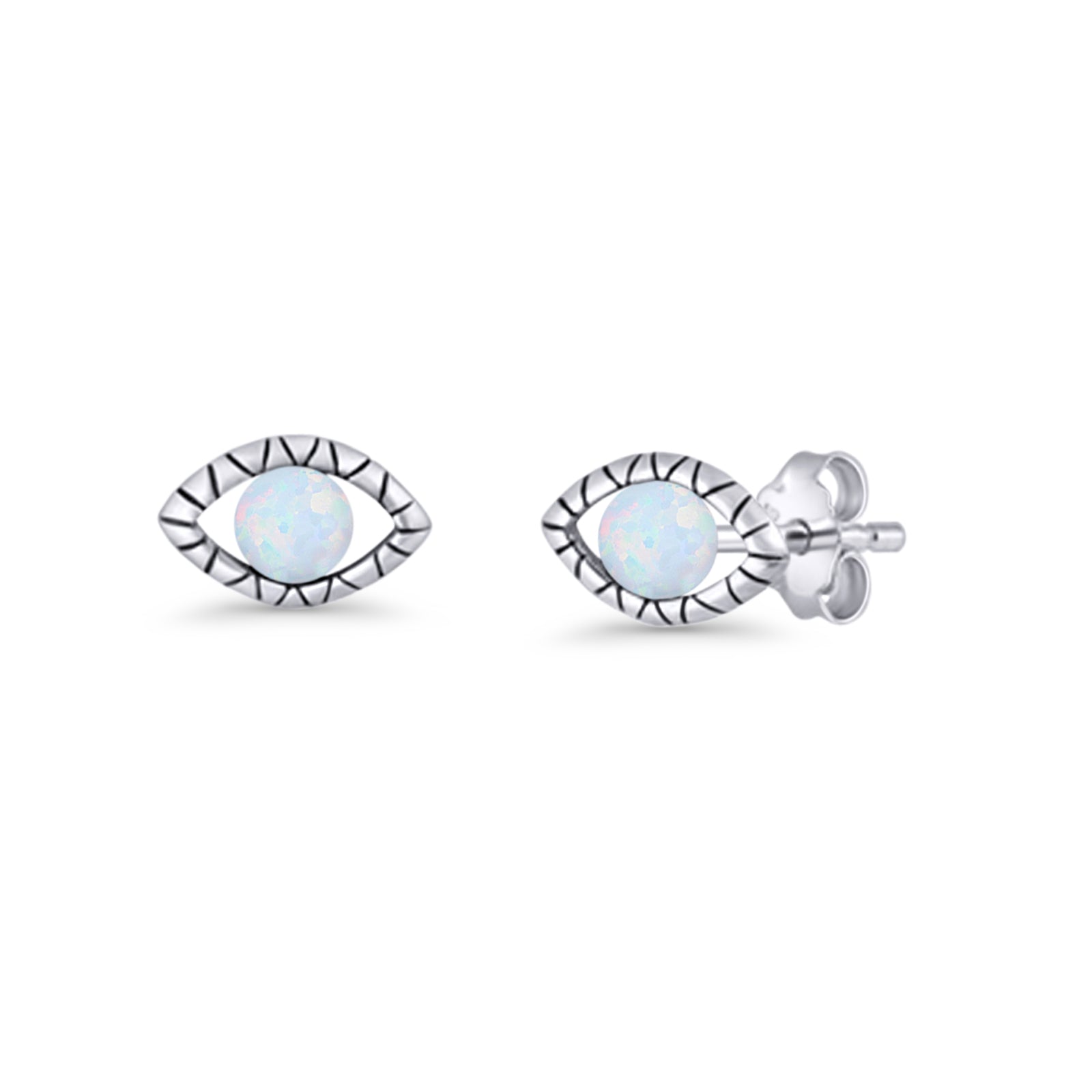 Eyelashes Eye Stud Earring 4.8mm Lab Created Opal Oxidized 925 Sterling Silver