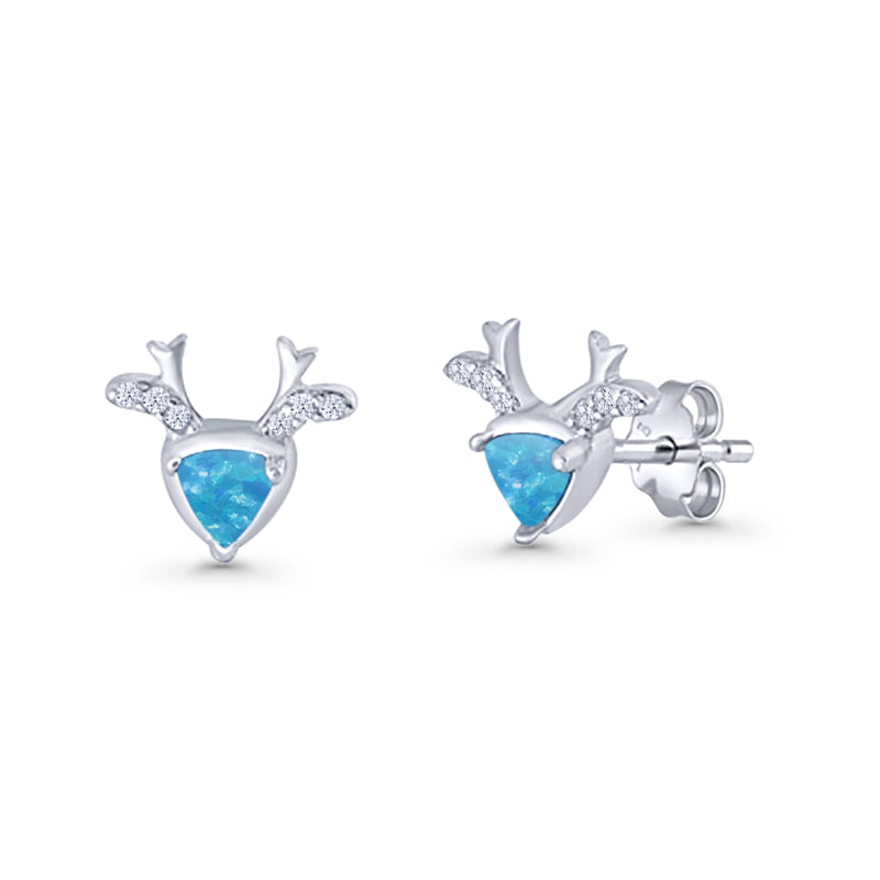 Triangular 7.3mm Lab Created Opal Deer Antlers Stud Earring 925 Sterling Silver