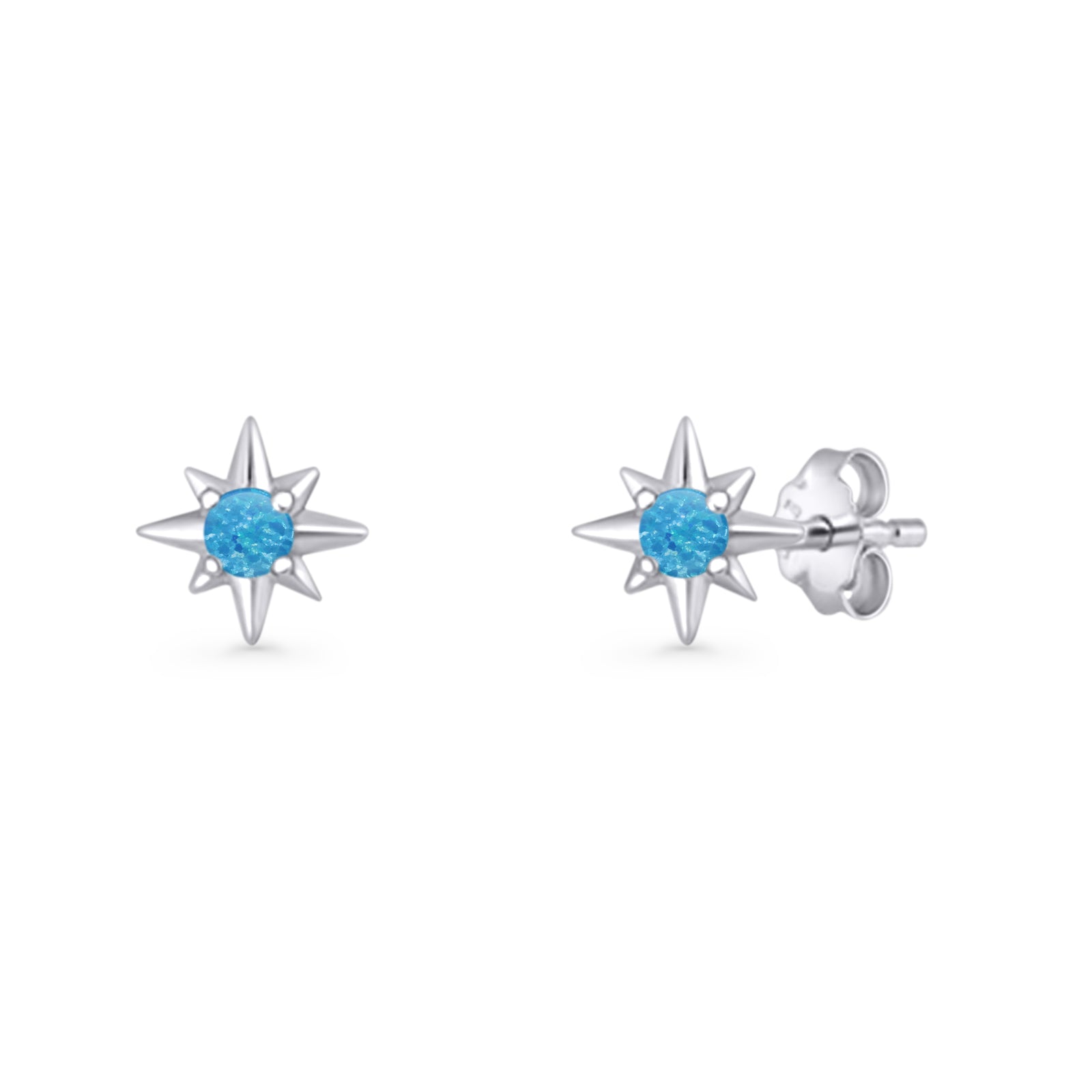 Round 5.4mm Star Stud Earring Lab Created Opal 925 Sterling Silver
