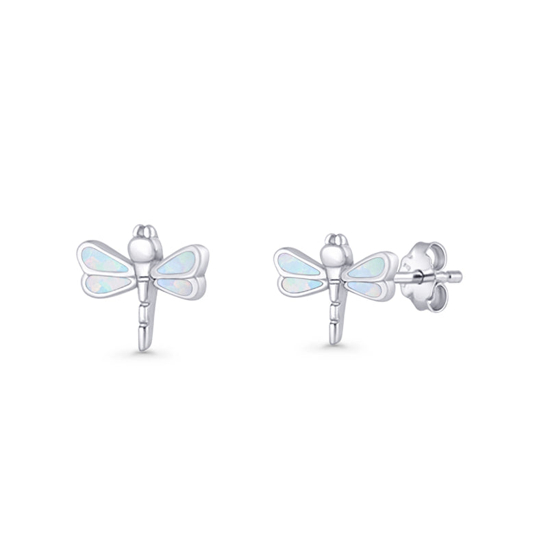 Dragonfly Stud Earring 8.8mm Lab Created Opal 925 Sterling Silver