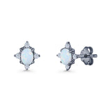 Floral Oval Stud Earring Lab Created White Opal  925 Sterling Silver