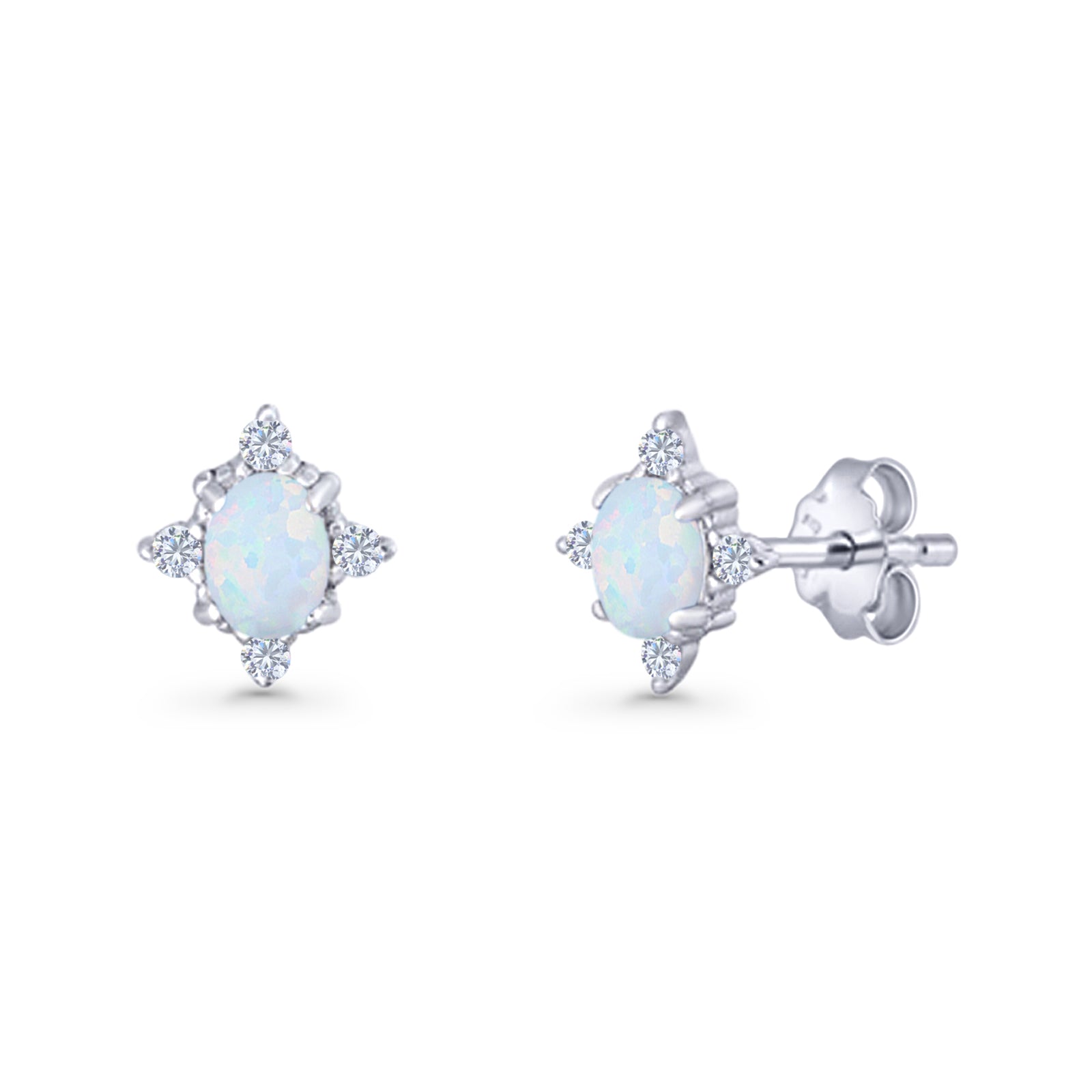 Floral Oval Stud Earring Lab Created White Opal  925 Sterling Silver