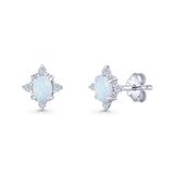 Floral Oval Stud Earring Lab Created White Opal  925 Sterling Silver
