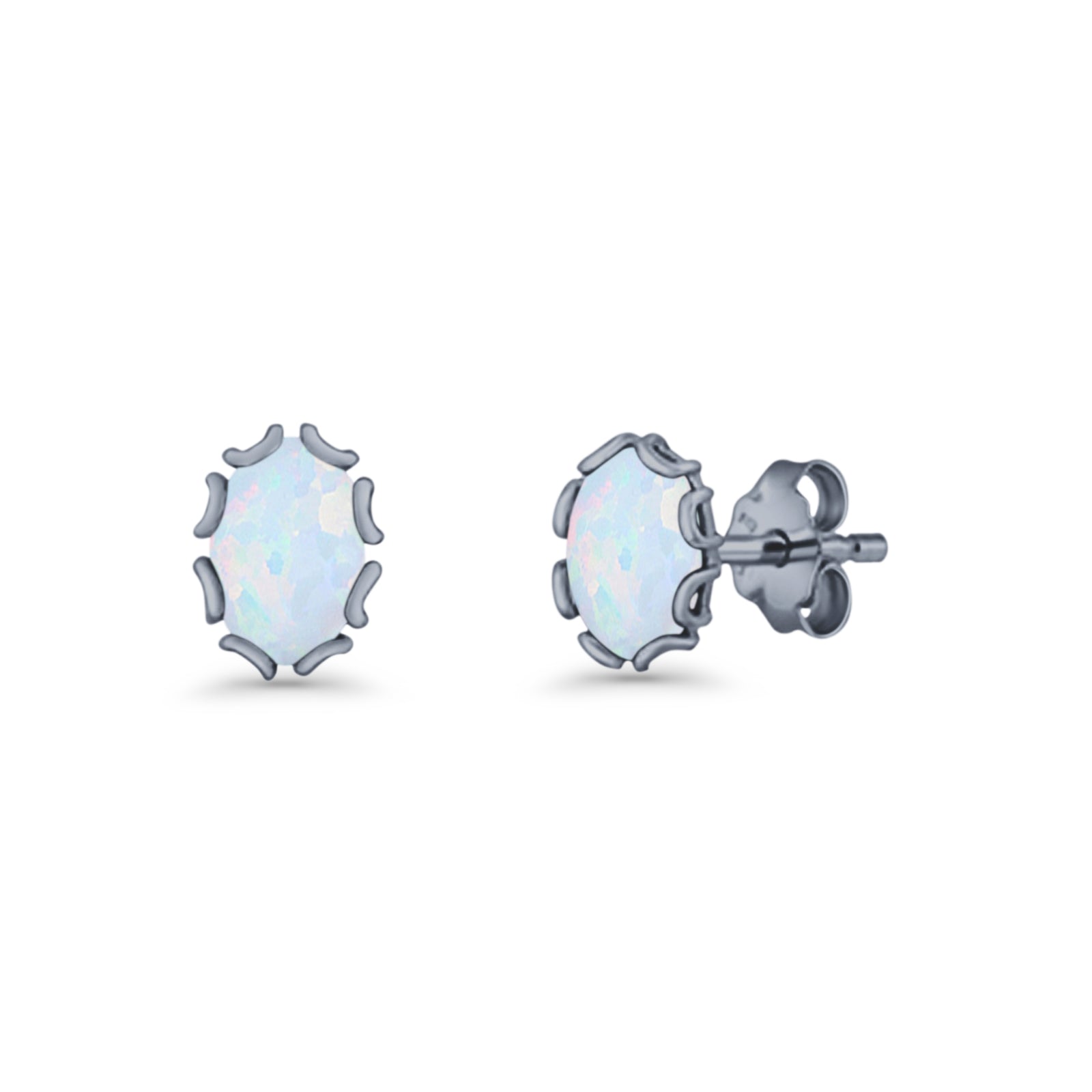 Oval 6.8mm Lab Created Opal Floral Stud Earring 925 Sterling Silver
