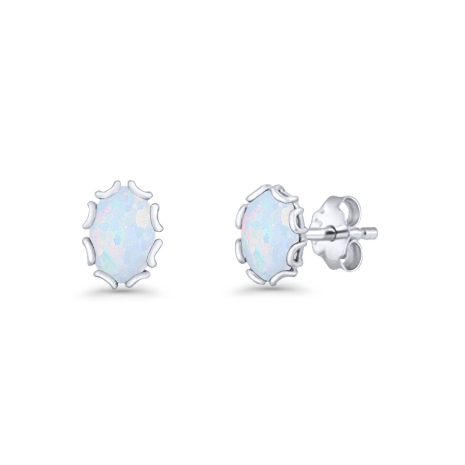 Oval 6.8mm Lab Created Opal Floral Stud Earring 925 Sterling Silver