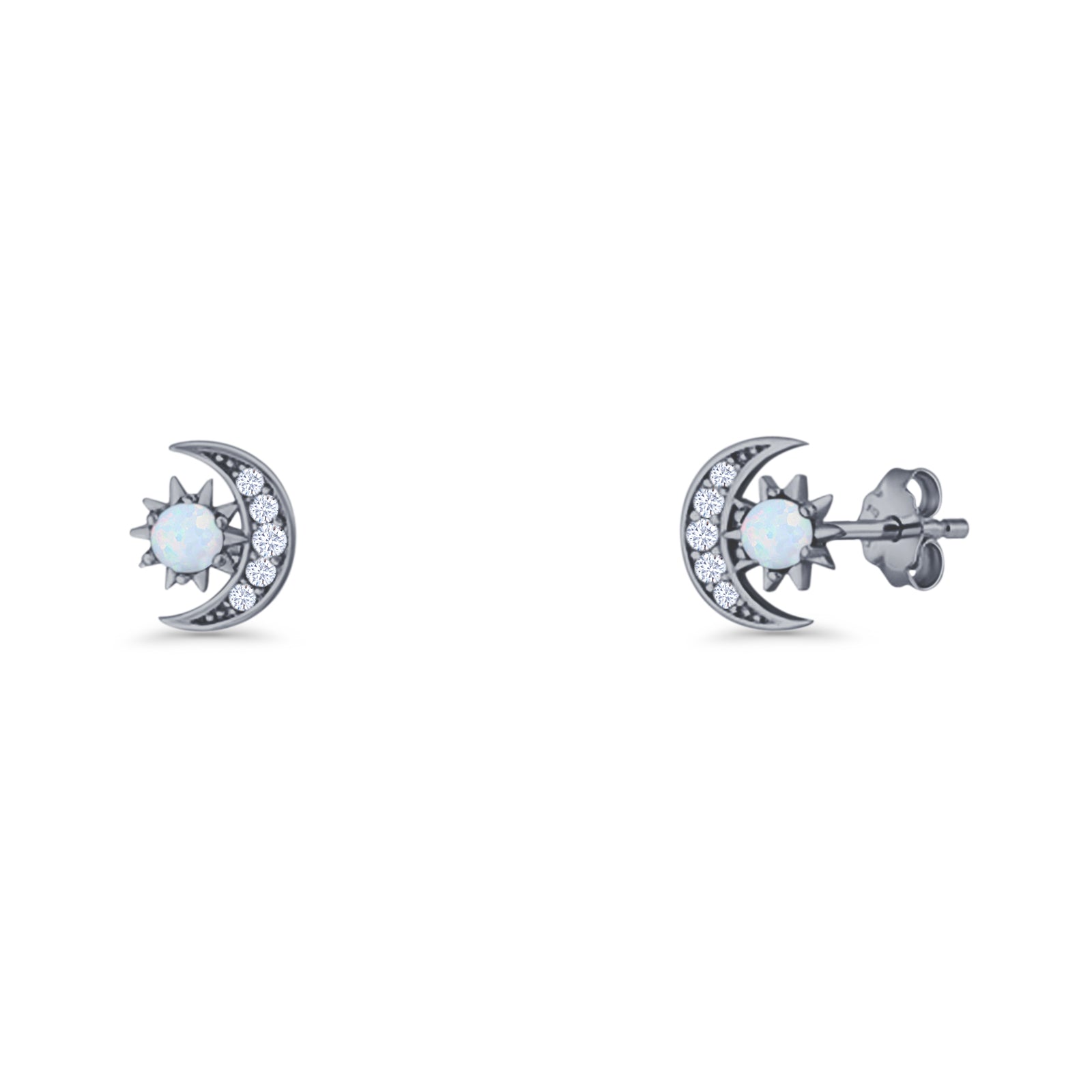 Moon & Star 8.4mm Stud Earring Lab Created White Opal 925 Sterling Silver