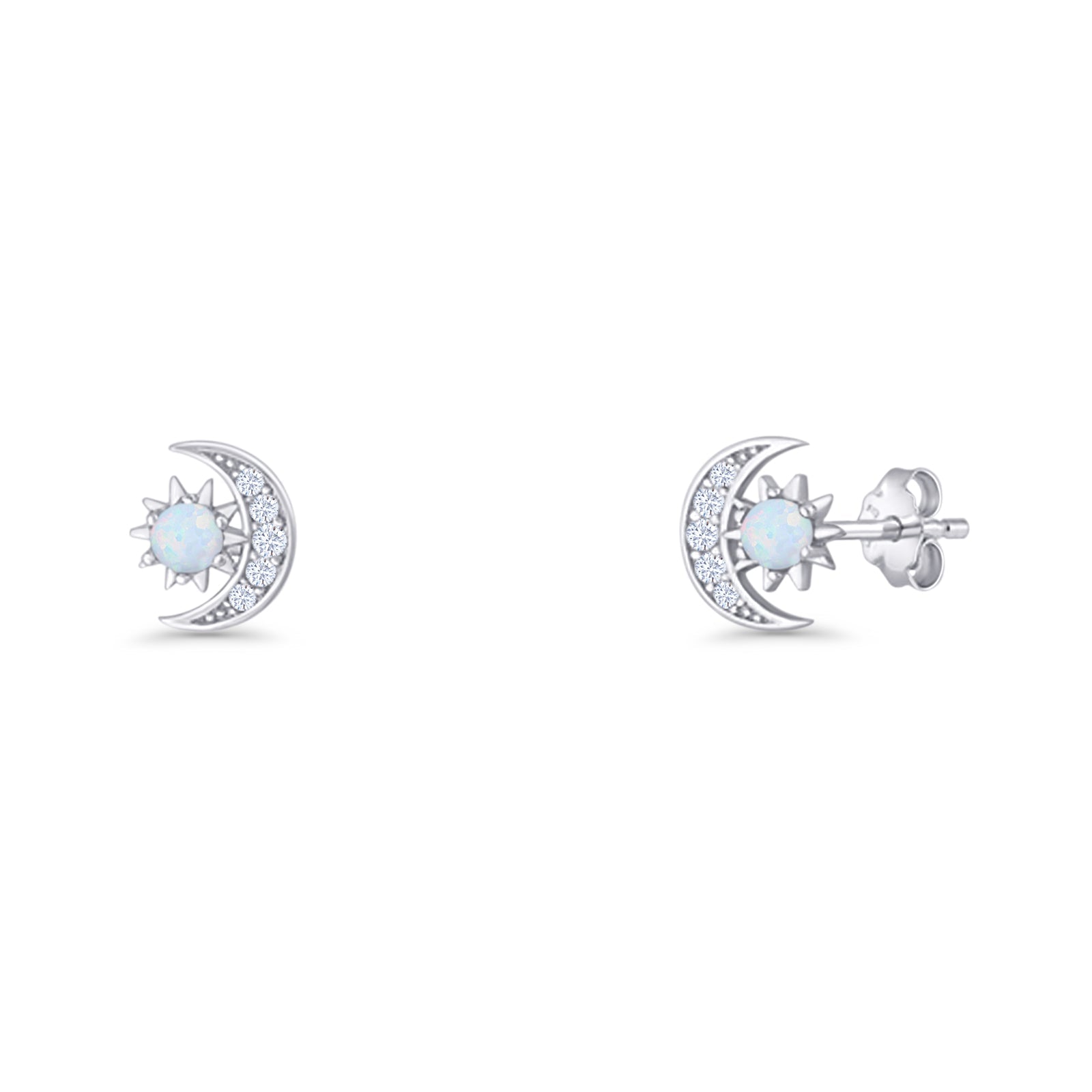 Moon & Star 8.4mm Stud Earring Lab Created White Opal 925 Sterling Silver