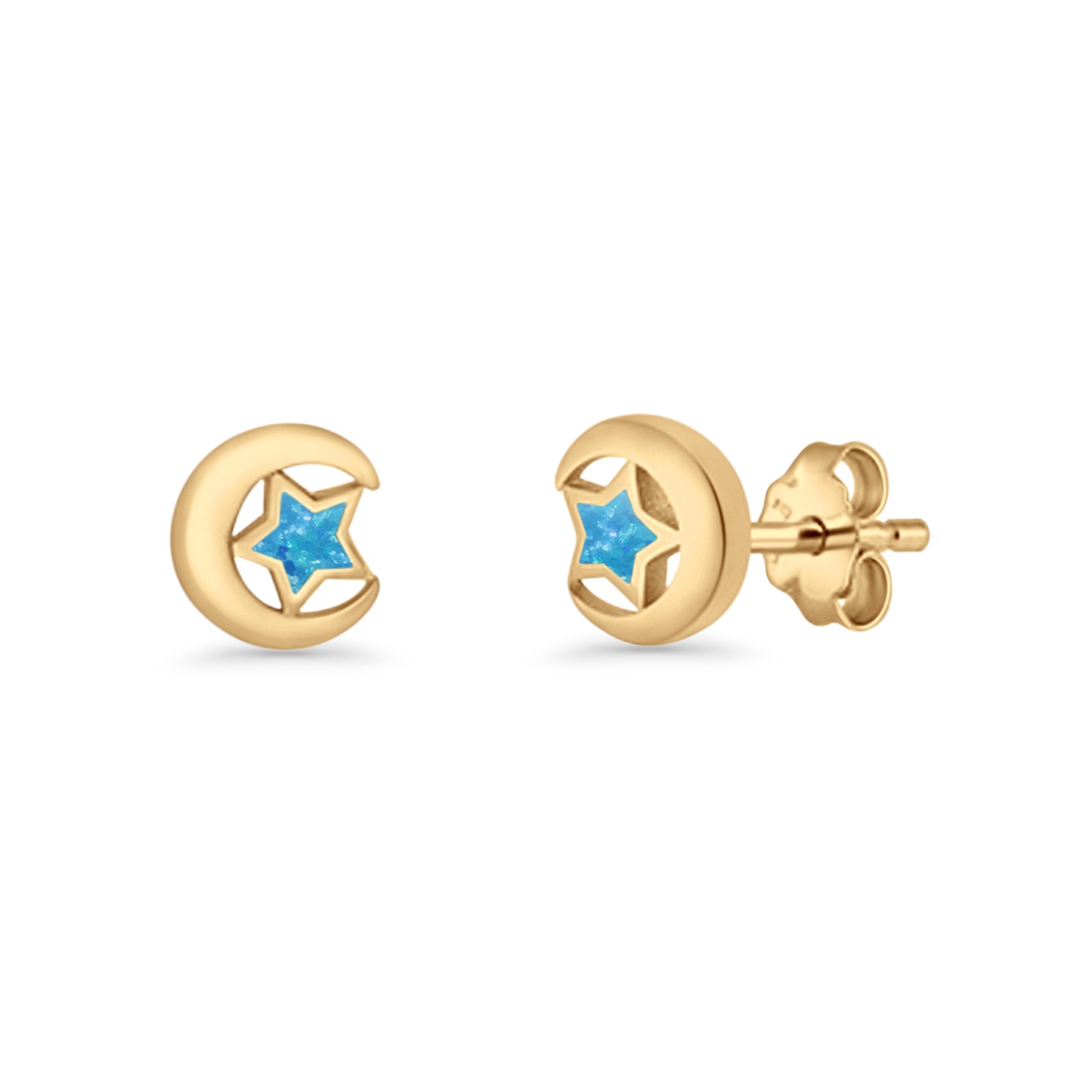 Crescent Moon & Star Stud Earring Lab Created Opal 925 Sterling Silver
