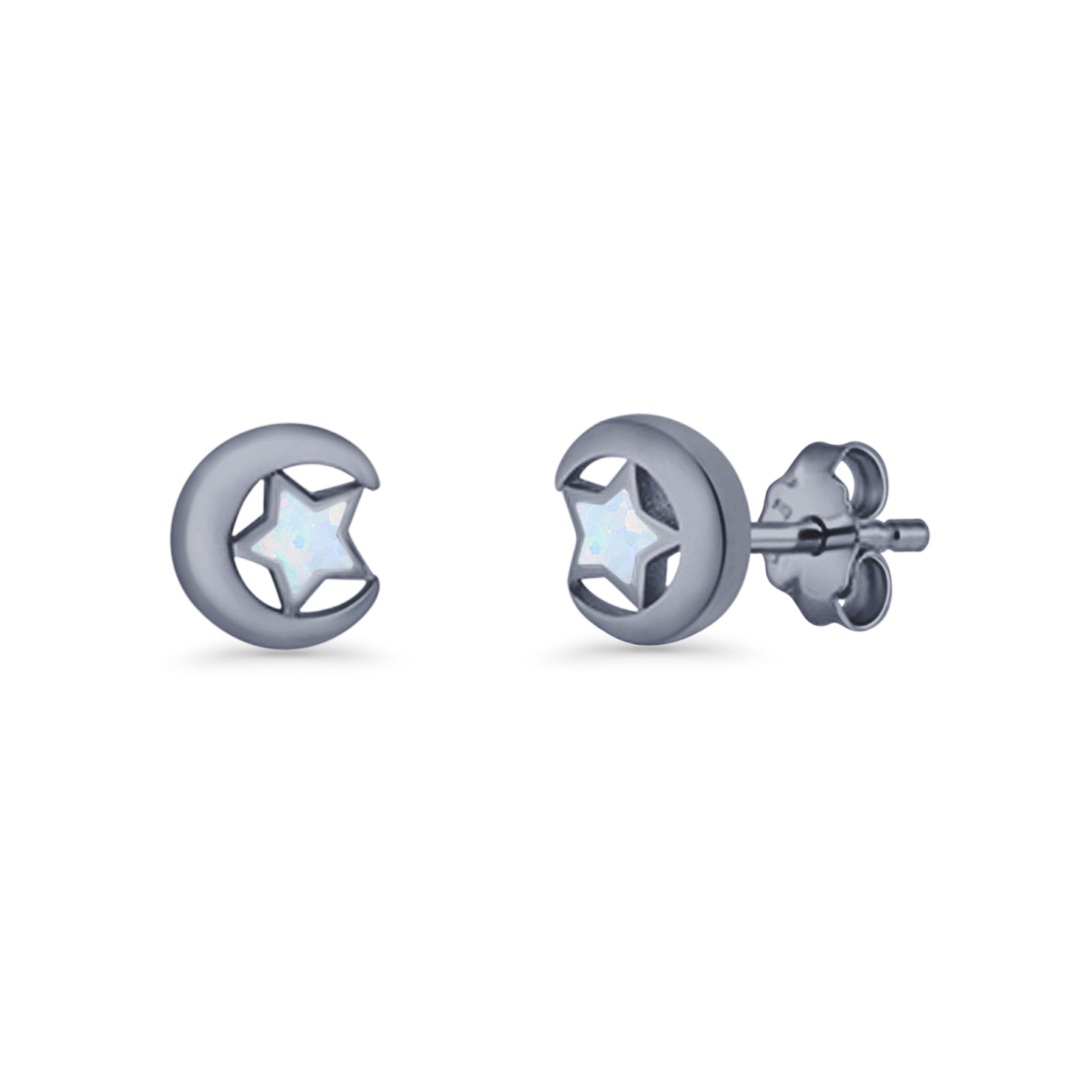 Crescent Moon & Star Stud Earring Lab Created Opal 925 Sterling Silver