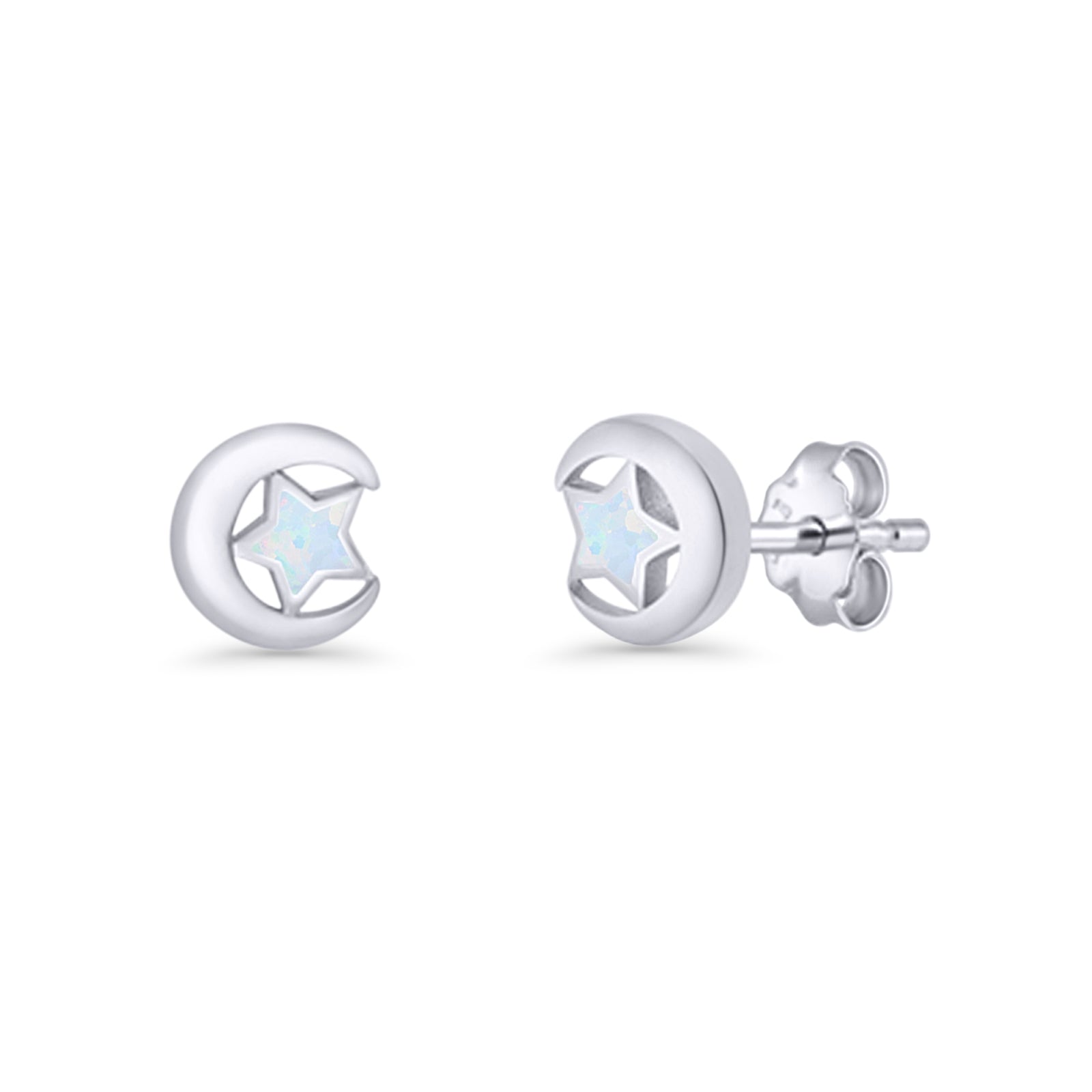 Crescent Moon & Star Stud Earring Lab Created Opal 925 Sterling Silver