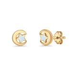 Crescent Moon & Star Stud Earring Lab Created Opal 925 Sterling Silver