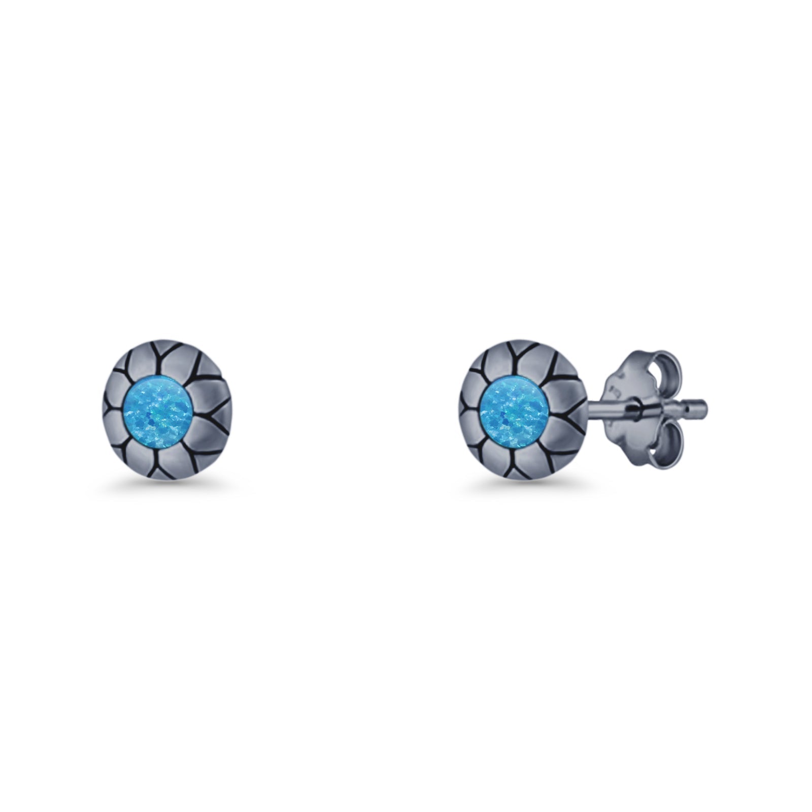 Flower Stud Earring 5.8mm Lab Created Opal Oxidized 925 Sterling Silver