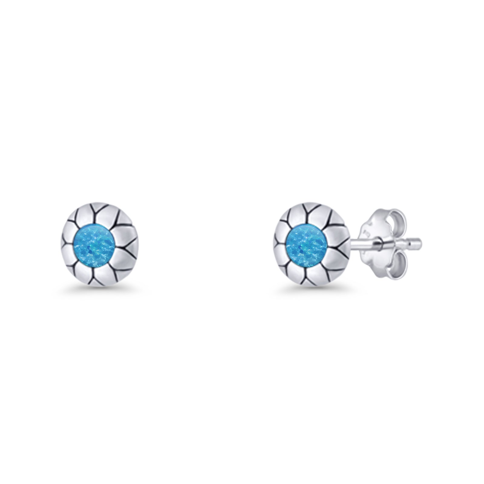 Flower Stud Earring 5.8mm Lab Created Opal Oxidized 925 Sterling Silver