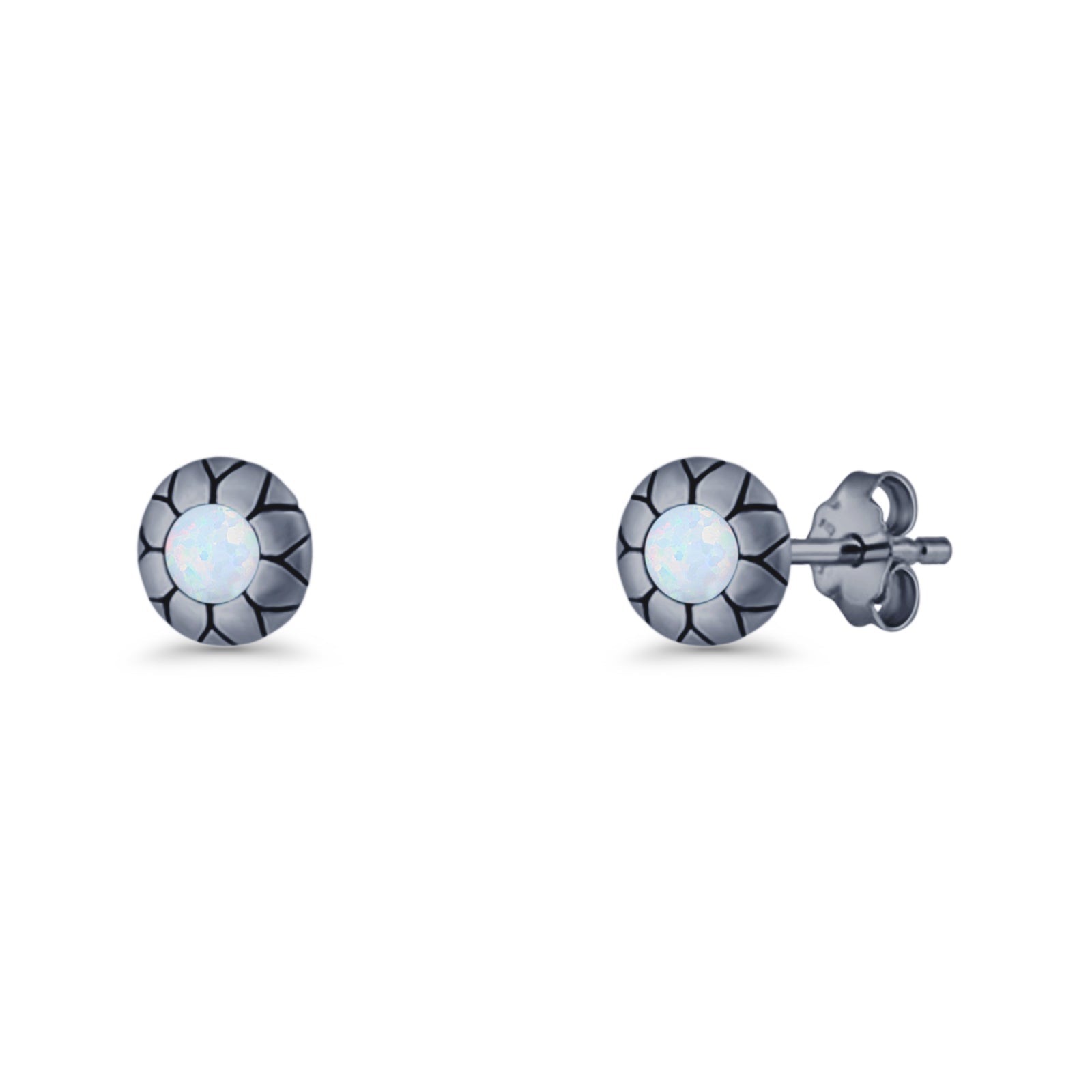 Flower Stud Earring 5.8mm Lab Created Opal Oxidized 925 Sterling Silver