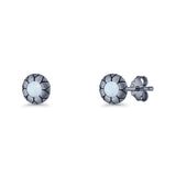 Flower Stud Earring 5.8mm Lab Created Opal Oxidized 925 Sterling Silver